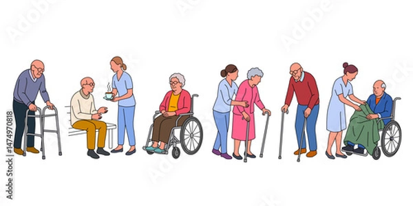 Fototapeta Nurses, doctors, social workers helping, supporting elderly people. Help, support for elderly people in hospital and nursing home. linear vector illustration