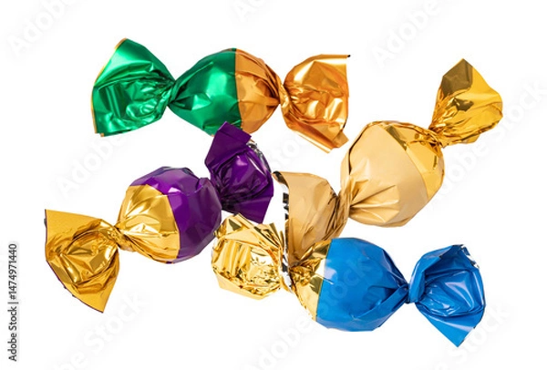 Fototapeta Colorful wrapped candies falling on transparent background