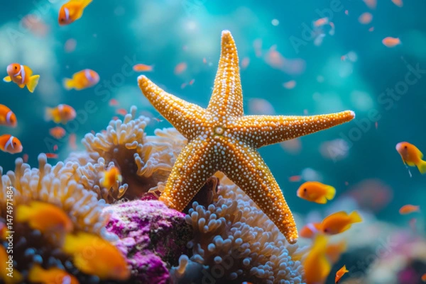 Fototapeta Sea Star Resting on Coral Surrounded by Colorful Fish in Ocean Habitat Created with Generative AI
