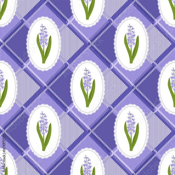 Fototapeta Coquette trellis Hyacinth floral seamless pattern on a checkered background. Vintage Rustic Design. Vector illustration