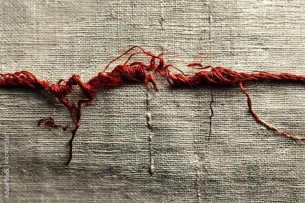 Obraz Frayed red thread on a textured white fabric surface, a close-up showcasing delicate needlework and textile detail.