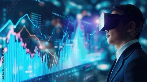 Fototapeta Businessman VR glasses analyzing holographic stock chart. Virtual reality
