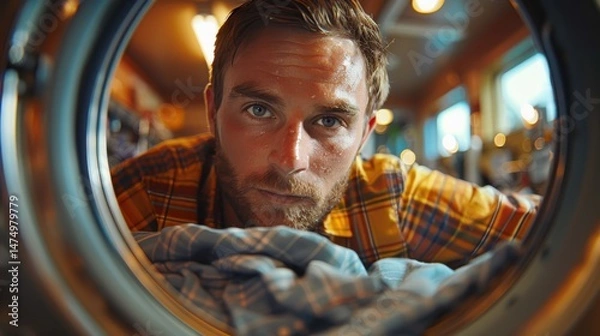 Obraz A man intently gazes into a washing machine, surrounded by a cluttered laundromat, embodying curiosity and the mundane aspects of everyday life and chores.
