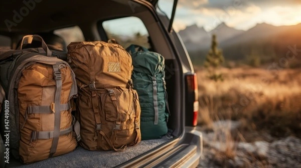Obraz Three stylish backpacks are arranged in the back of an open vehicle, surrounded by a beautiful landscape, inviting exploration and outdoor adventures in nature's embrace.