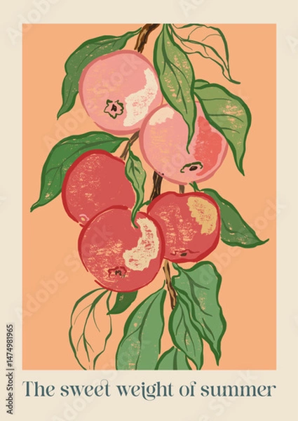 Fototapeta Vector fruit poster with branch of apples and leaves. Hand-drawn garden harvest sketch. Tasty food illustration for restaurant and cafe interior, fruit market drawing print, fabric or background.