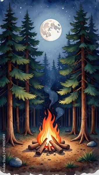 Fototapeta Campfire in Forest Under Full Moon. Nighttime forest scene with a glowing campfire beneath a full moon and starry sky, evoking adventure and wilderness peace...