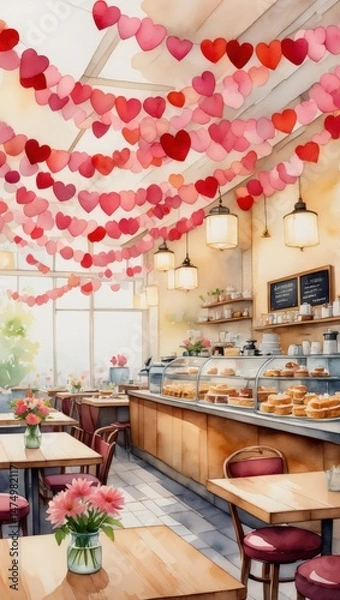 Fototapeta Charming cafe with heart decorations and pastries display