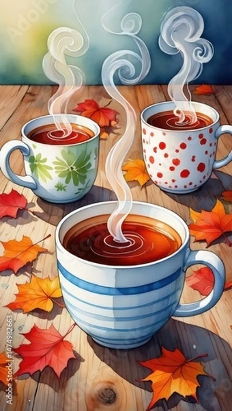 Fototapeta Three steaming cups of tea on a wooden table surrounded by autumn leaves, capturing the warmth and comfort of fall. Steaming Autumn Tea in Cozy Mugs..