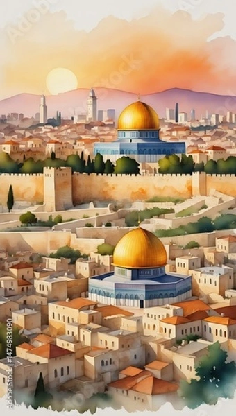 Fototapeta Jerusalem Skyline with Dome of the Rock at Sunset. Scenic view of Jerusalem's Old City featuring the iconic Dome of the Rock at sunset, surrounded by ancient walls and buildings...