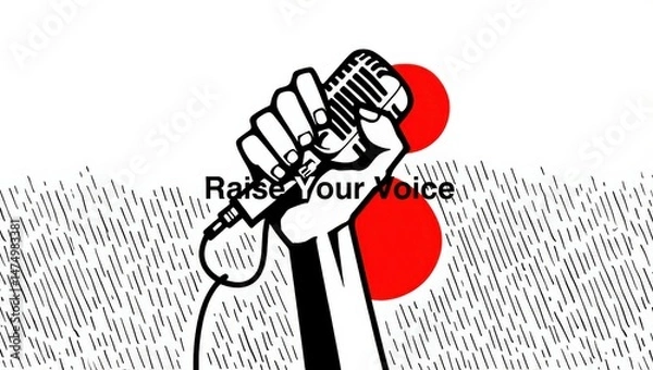 Fototapeta Raised fist holding microphone graphic with red circles and black lines