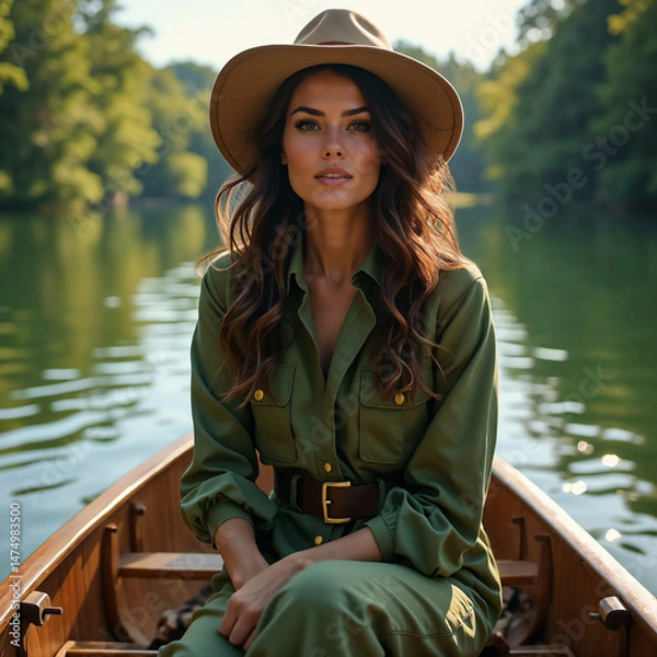 Obraz Young woman in a hat and a stylish green suit sits serenely in a boat on a calm lake