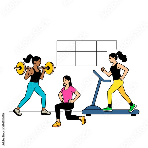 Fototapeta Sportswomen girls training in the gym. Lifting barbells and dumbbells, running on a treadmill, stretching. flat vector linear illustration