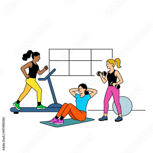 Fototapeta Sportswomen girls training in the gym. Lifting barbells and dumbbells, running on a treadmill, stretching. flat vector linear illustration
