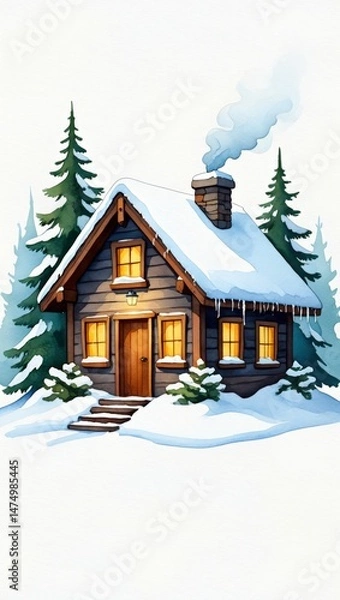 Fototapeta Cozy Wooden Cabin in Snowy Winter Forest. Charming illustration of a wooden log cabin surrounded by pine trees and snow, evoking warmth and peaceful winter solitude.

