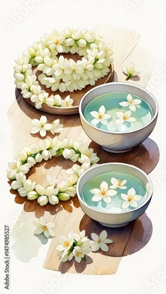 Fototapeta Fragrant jasmine flower arrangements with floating bowls on wooden surface