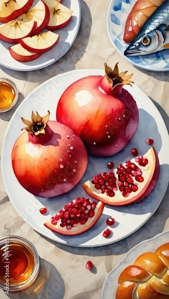 Fototapeta Colorful arrangement of pomegranates, sliced apples, fish, and honey on plates