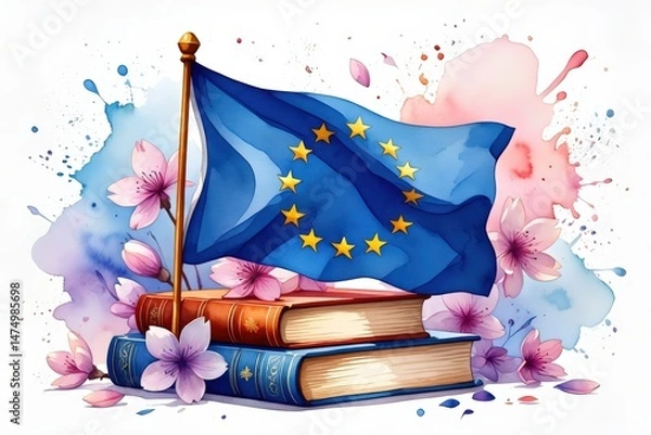 Fototapeta European union flag with books and blossoms - symbol of knowledge and unity