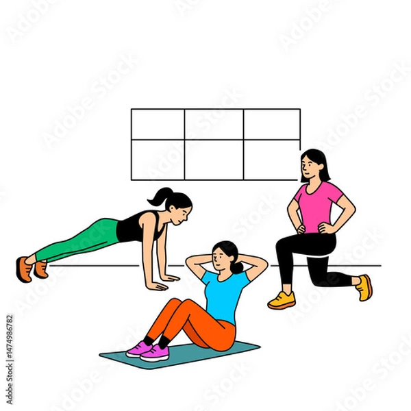 Fototapeta Sportswomen girls training in the gym. Lifting barbells and dumbbells, running on a treadmill, stretching. flat vector linear illustration