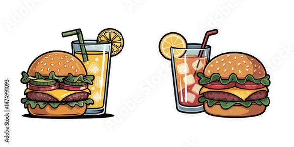 Obraz Colorful illustration of a burger with fries and a drink, showcasing a classic fast food meal, Burger and drink icon, hamburger and soda silhouette vector illustration, hamburger silhouette vector.