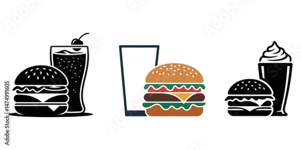 Obraz Colorful illustration of a burger with fries and a drink, showcasing a classic fast food meal, Burger and drink icon, hamburger and soda silhouette vector illustration, hamburger silhouette vector.