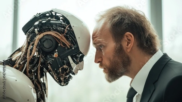 Obraz A man in a business suit shares a tense moment with a humanoid robot, exploring themes of humanity, technology, and the future of human-technology relations.