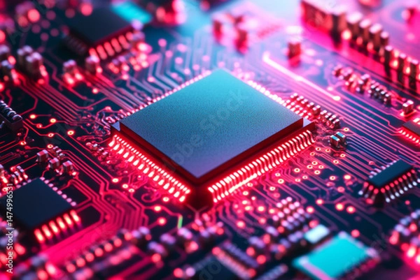 Fototapeta Central Processing Unit glowing red on circuit board technology digital