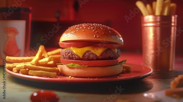 Obraz A mouth-watering cheeseburger topped with melted cheese and fresh lettuce, served in a toasted brioche bun.