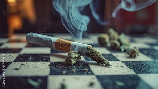 Obraz A close-up image of a chessboard surface scattered with cannabis buds and ground marijuana.