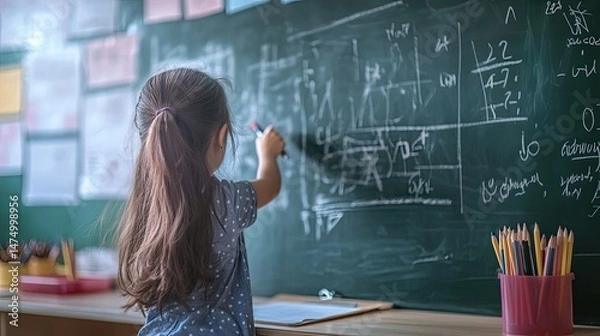 Obraz A young child with shoulder-length brown hair is drawing on a digital touchscreen display using a stylus.