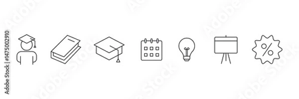 Fototapeta Set of outlined education icon collection. studying and science. Includes human brain, fields of study, graduation symbol. vector illustration.