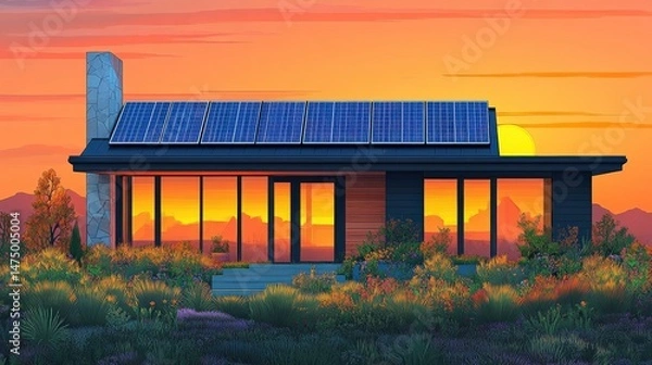 Fototapeta Modern solar-powered house at sunset surrounded by vibrant flowers and mountains