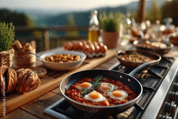 Fototapeta Freshly cooked breakfast spread on a sunny terrace with scenic views and homemade dishes