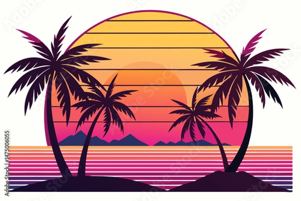Fototapeta tropical beach with palm trees vector illustration, retro sunset beach palm trees 