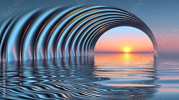 Obraz Abstract metallic archway over tranquil water at sunset.