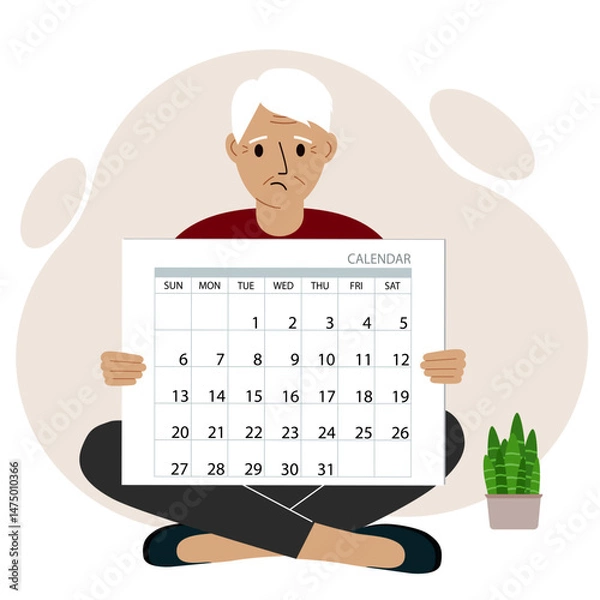 Fototapeta A man sits cross-legged and holds a large calendar glider in his hands. Concept of planning, make plans, schedule, event.