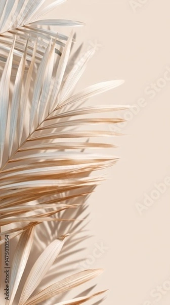Fototapeta Soft beige serves as a calming backdrop for a palm leaf, showcasing organic shapes and shadows. This minimalist design enhances a peaceful ambiance perfect for relaxation