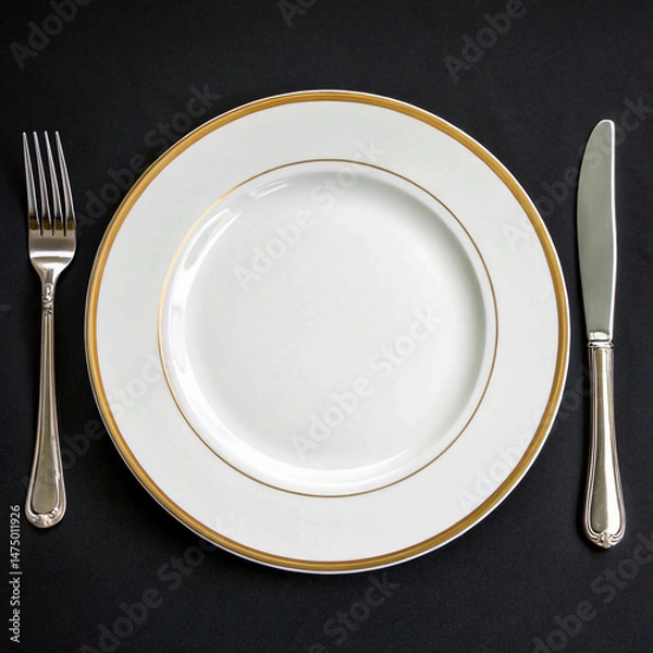 Obraz "Modern Table Setting with Gold-Edged Porcelain and Silver Cutlery"