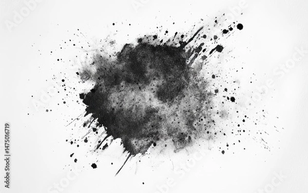 Fototapeta Abstract ink splatter on white background. Dark gray ink blots and splatters radiate outward from a central area