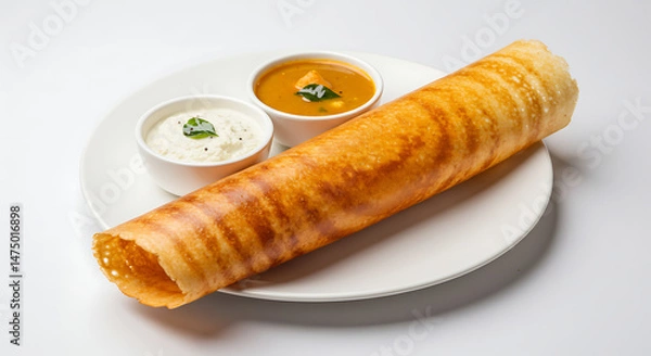 Obraz Crispy dosa with sambar and chutney south indian breakfast food photography and cuisine presentation