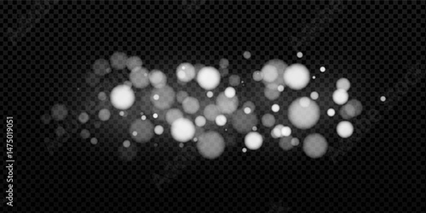 Fototapeta Festive white bokeh background with glowing particles, glitter, and snow. Magical, shiny vector design for New Year or Xmas cards, banners, and holiday decorations. Modern, sparkling illustration.