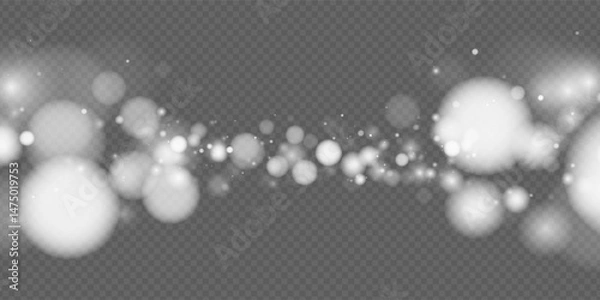 Fototapeta Magical white bokeh background with glowing particles, snow or glitter. Modern vector design for New Year holiday card, banners and festive advertising. Shiny sparkling and magical atmosphere.