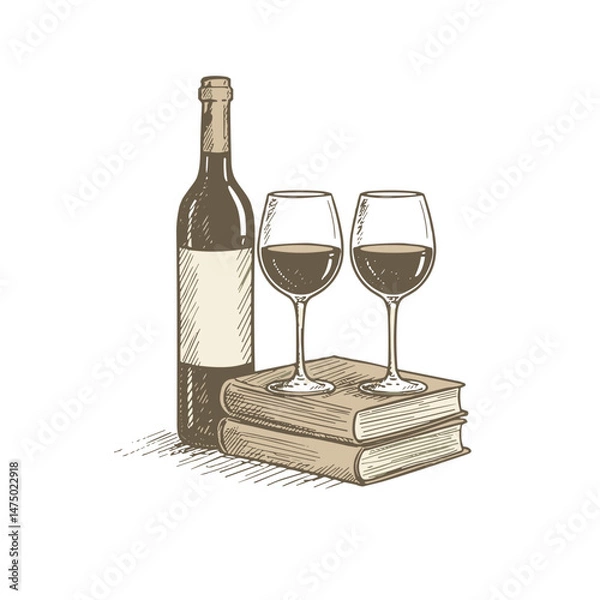 Fototapeta Hand-drawn wine and books icon for wine bar menus and cultural event branding