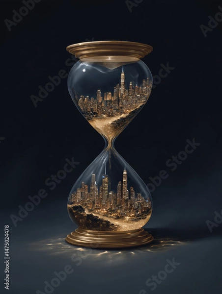 Fototapeta Sand turns into a sprawling city skyline inside an hourglass, symbolizing time and urban growth, dramatic light and surreal concept
Generative AI