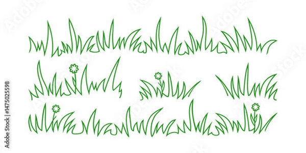 Fototapeta Grass linear icon, meadow and flower doodle outline design, bush tuft, small lawn, green sketch plant isolated on white bg. Thicket, park hand drawn border. Floral divider set. Vector illustration