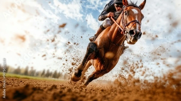 Obraz An intense scene capturing a powerful racehorse galloping at high speed, sending up a cloud of dirt, highlighting the excitement and energy of competitive horse racing.