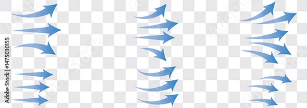 Fototapeta Set of blue arrow showing wind air flow isolated on white background, air direction signs