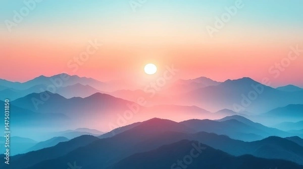 Fototapeta Pink sunrise over misty mountain range; serene landscape, ideal for travel or nature themes