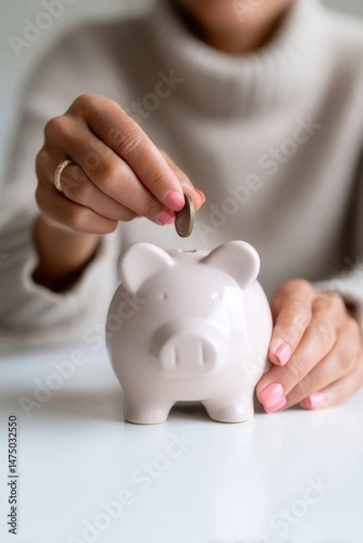 Fototapeta Coin being added to a ceramic piggy bank during a saving session at home