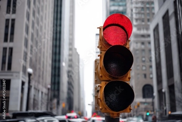 Fototapeta Busy city street with a red traffic light signaling cars to stop during the day