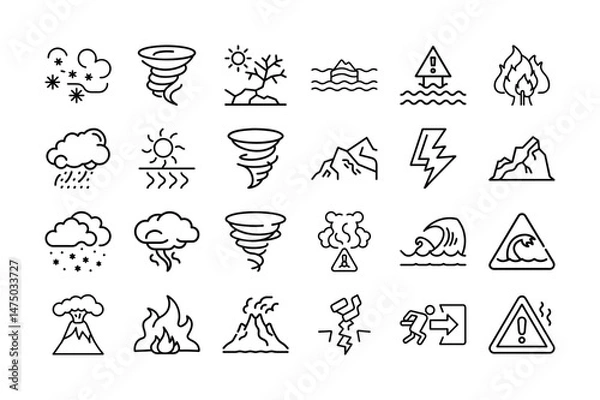 Fototapeta Disaster and Weather Hazard Line Icons Set of Emergency Alert Symbols Including Tornado, Earthquake, Tsunami, Wildfire, Flood, Lightning, Volcanic Eruption, and Extreme Weather Conditions icon Vector 